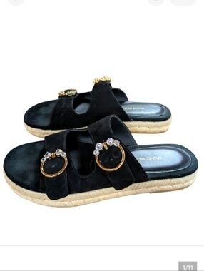 Stuart Weitzman Crystal Ring Espadrille Flats Black Size 38.5